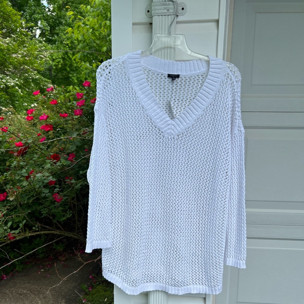 NWT Talbots Fun White Cotton Open Weave V-neck Long Sleeve Sweater